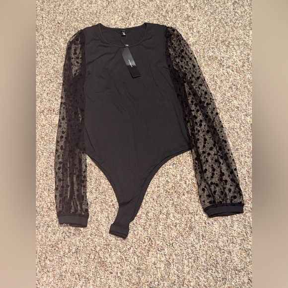 NWT size large Allegra K Black Bodysuit with Sheer Polka Dot Sleeves - Picture 2 of 5